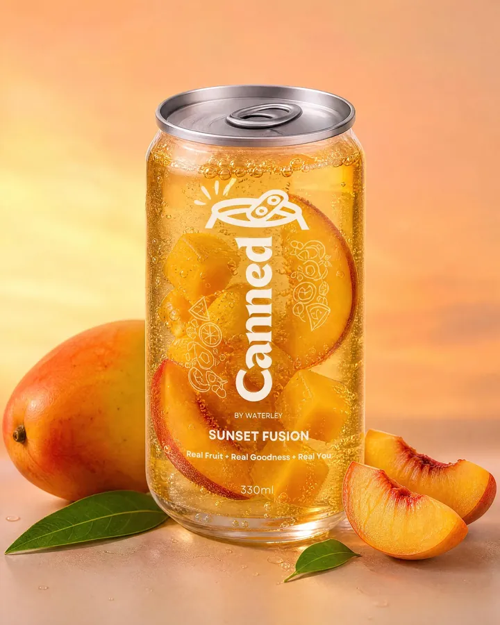 Canned by Waterley - Sunset Fusion — mango peach blend premium cold-sealed can in Lahore
